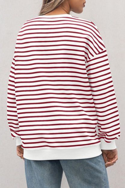 Striped Long Sleeve Round Neck Loose Top | Burgundy