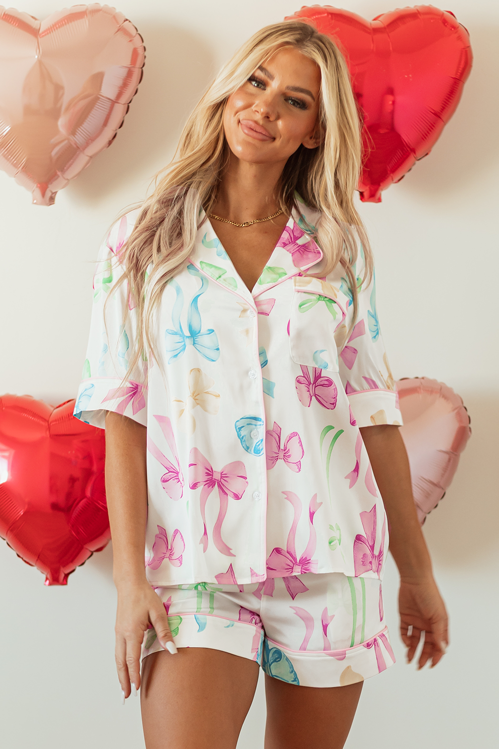 Bowknot Print Buttoned Shirt High Waist Shorts Pajama Set | White