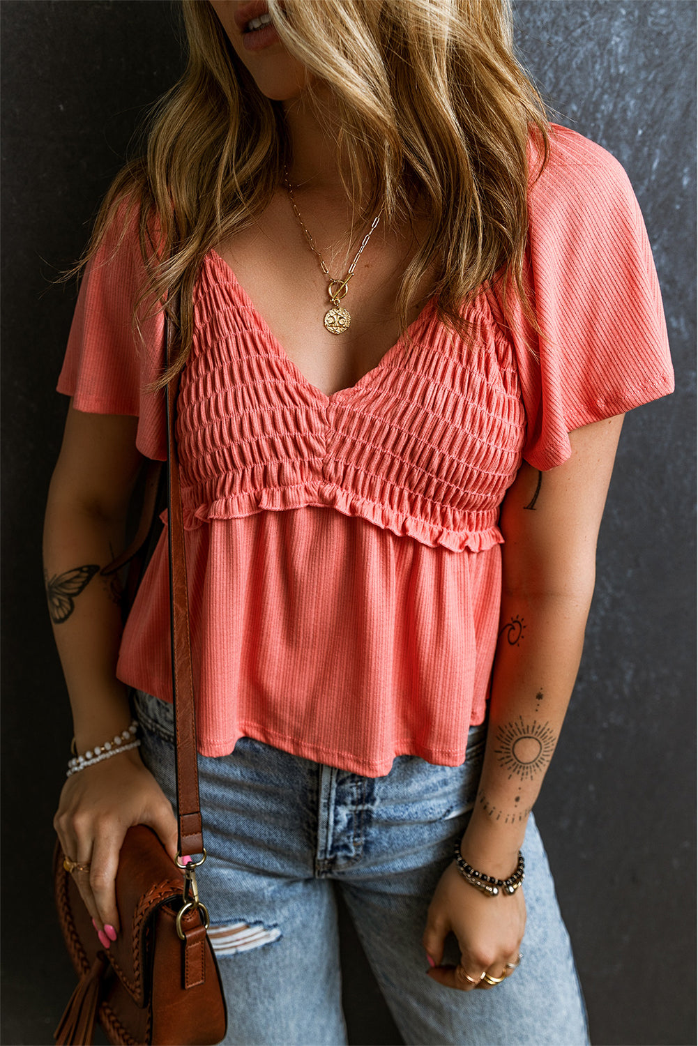 Shirred V Neck Short Flutter Sleeve Textured Blouse | Tomato Red