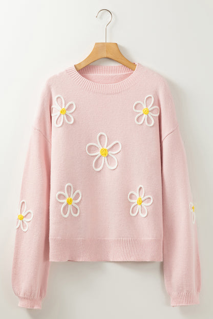 Chenille Daisy Stitching Crew Neck Sweater | Pink