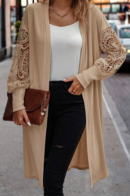 Lace Patchwork Ribbed Knit Open Front Duster Cardigan | Parchment