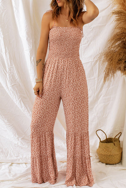 Thin Straps Smocked Bodice Wide Leg Floral Jumpsuit | Khaki