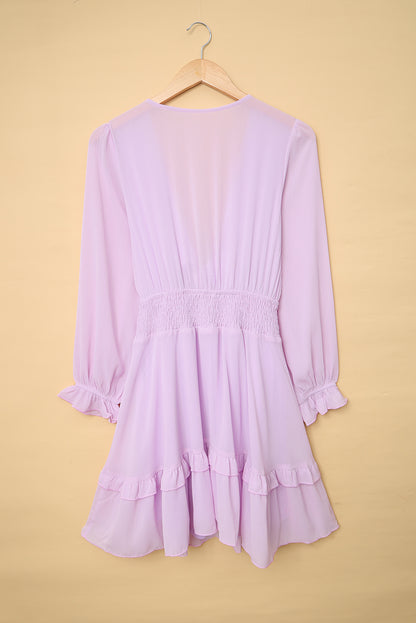 Deep V Neck Lantern Sleeve Knotted Tiered Mini Dress | Pink