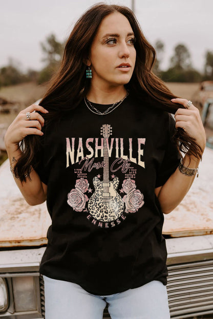 Nashville Music City Leopard Guitar Graphic T Shirt | Black