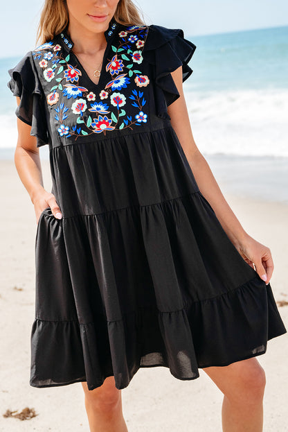 Floral Embroidered Tiered Ruffled Mini Dress | Black