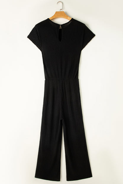 Solid Colour Ribbed Short Sleeve Wide Leg Jumpsuit | Black