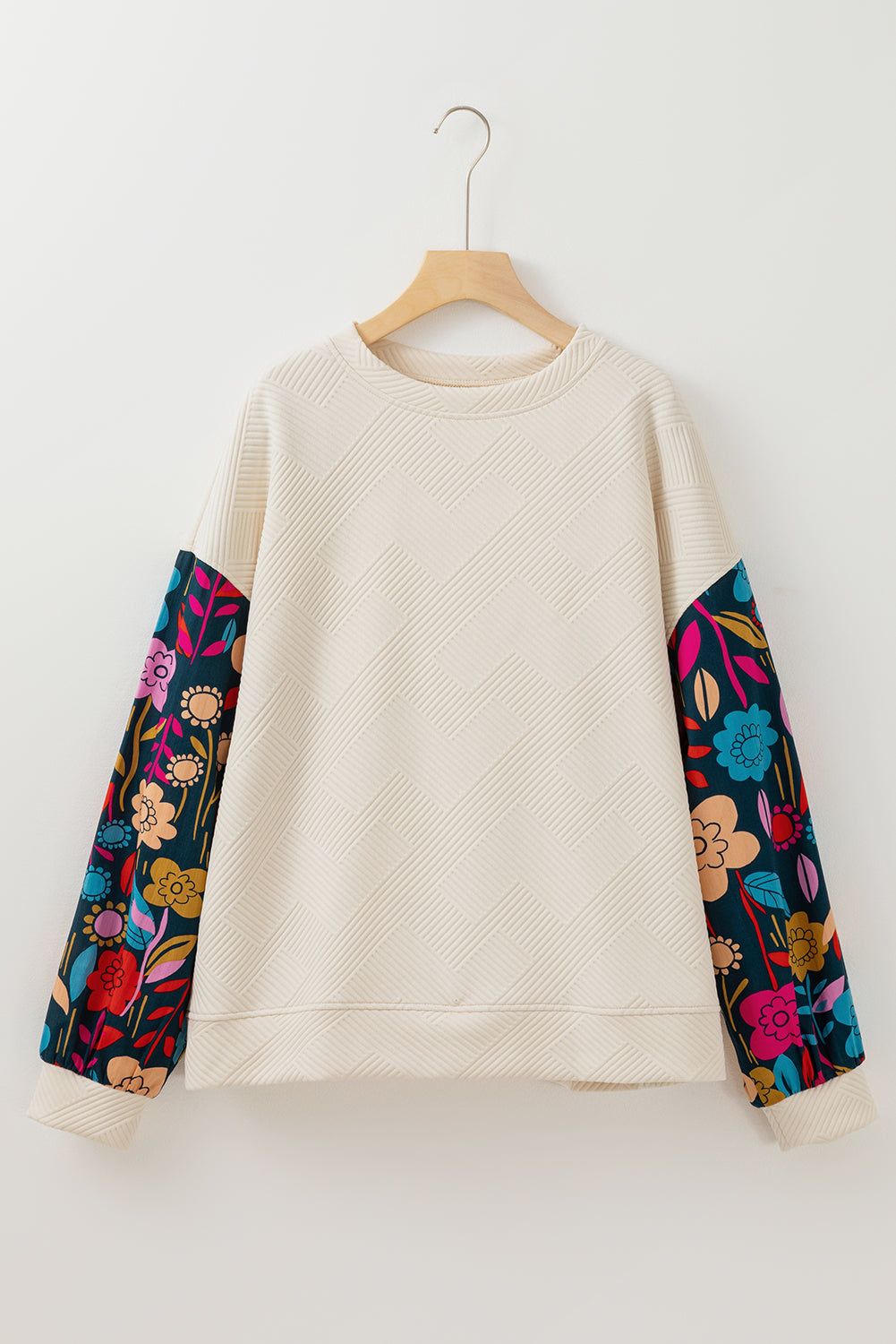 Floral Patchwork Sleeve Textured Plus Size Pullover Top | White