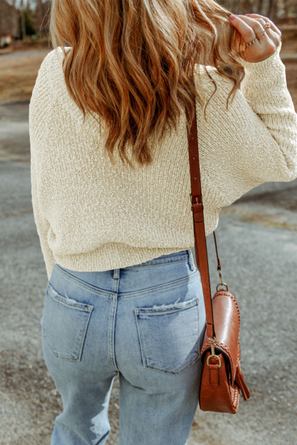 Cropped V Neck Fuzzy Sweater | White