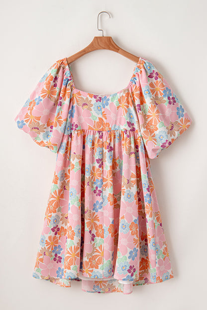 Floral Puff Sleeve Square Neck Plus Babydoll Dress | Multicolour