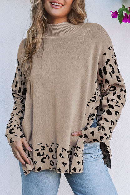 Leopard High Neck Side Slit Oversized Sweater | Khaki