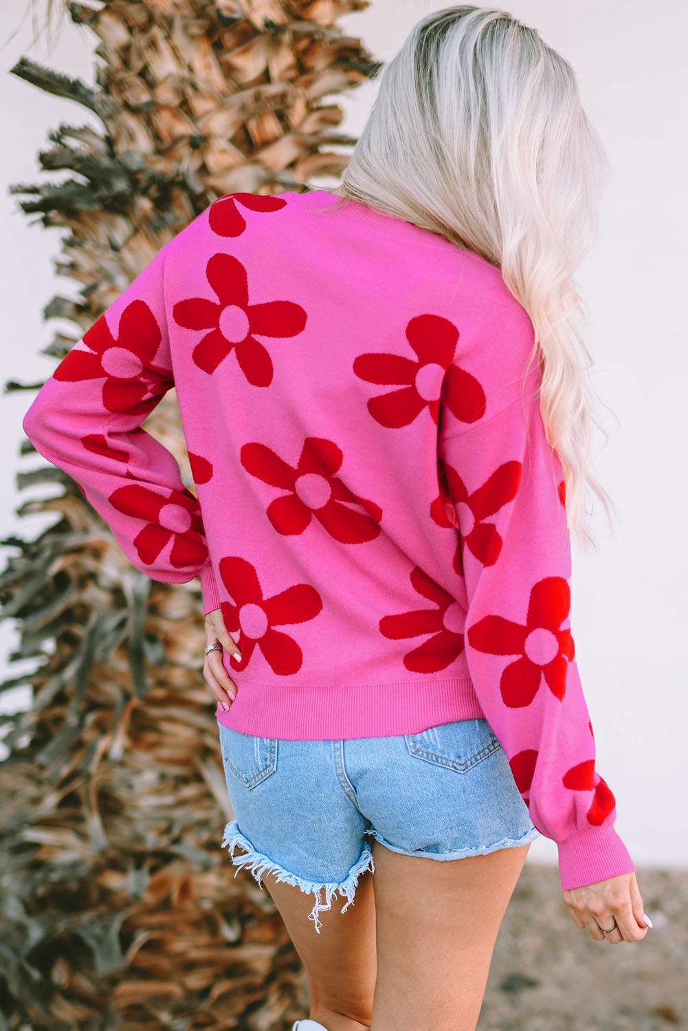 Big Flower Knit Ribbed Trim Sweater | Rose