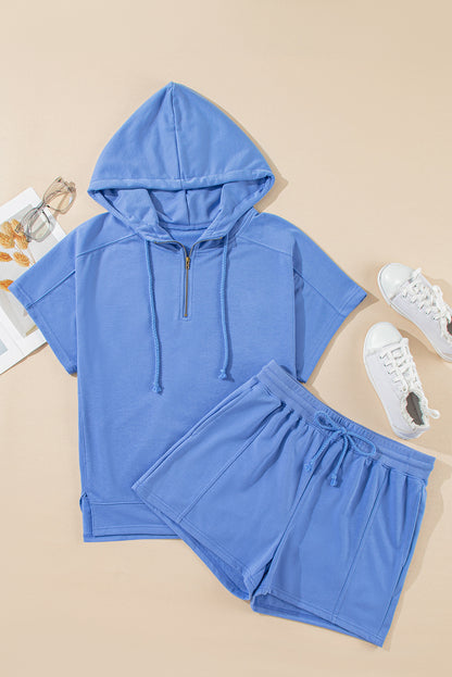 Casual Zipped Short Sleeve Hoodie And Shorts Set | Sky Blue