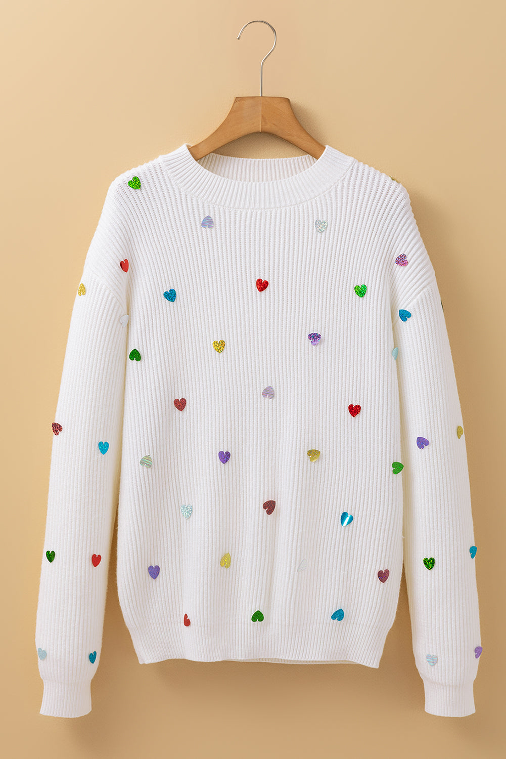 Sequin Heart Shape Waffle Knit Round Neck Sweater | Beige