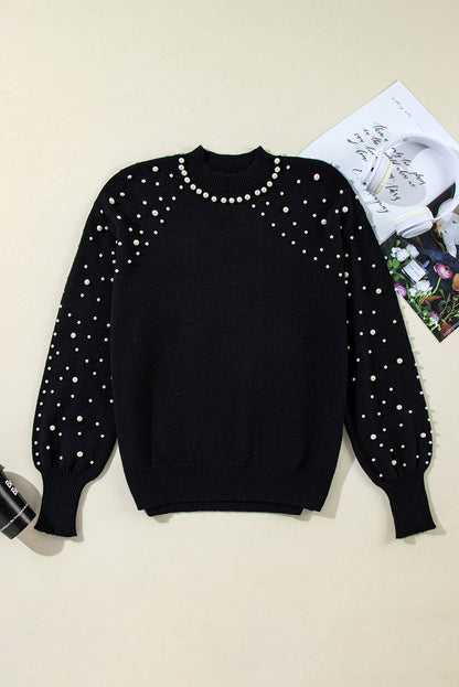 Pearl Beaded Bishop Sleeve Sweater | Black