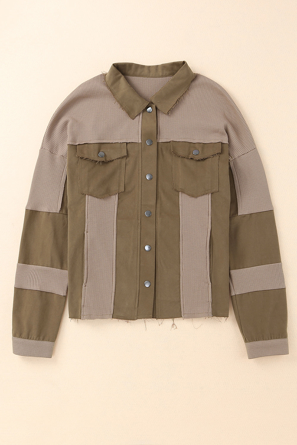 Ripped Seam Detail Button Up Waffle Knit Jacket | Brown