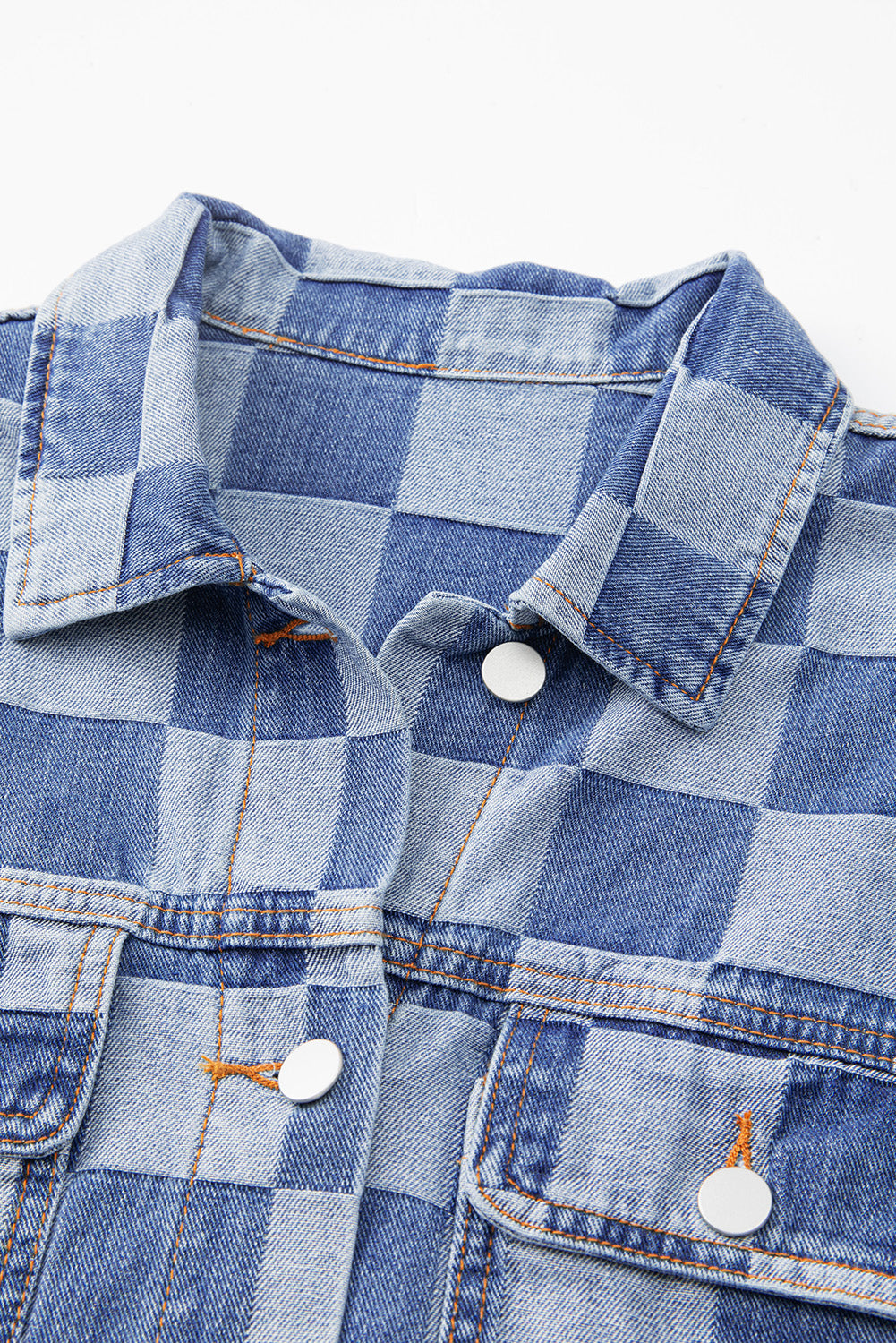 Checkered Patchwork Button Up Denim Jacket | Light Blue