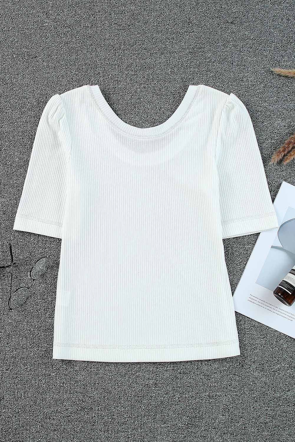 Round Neck Half Sleeve Ribbed Knit Top | White