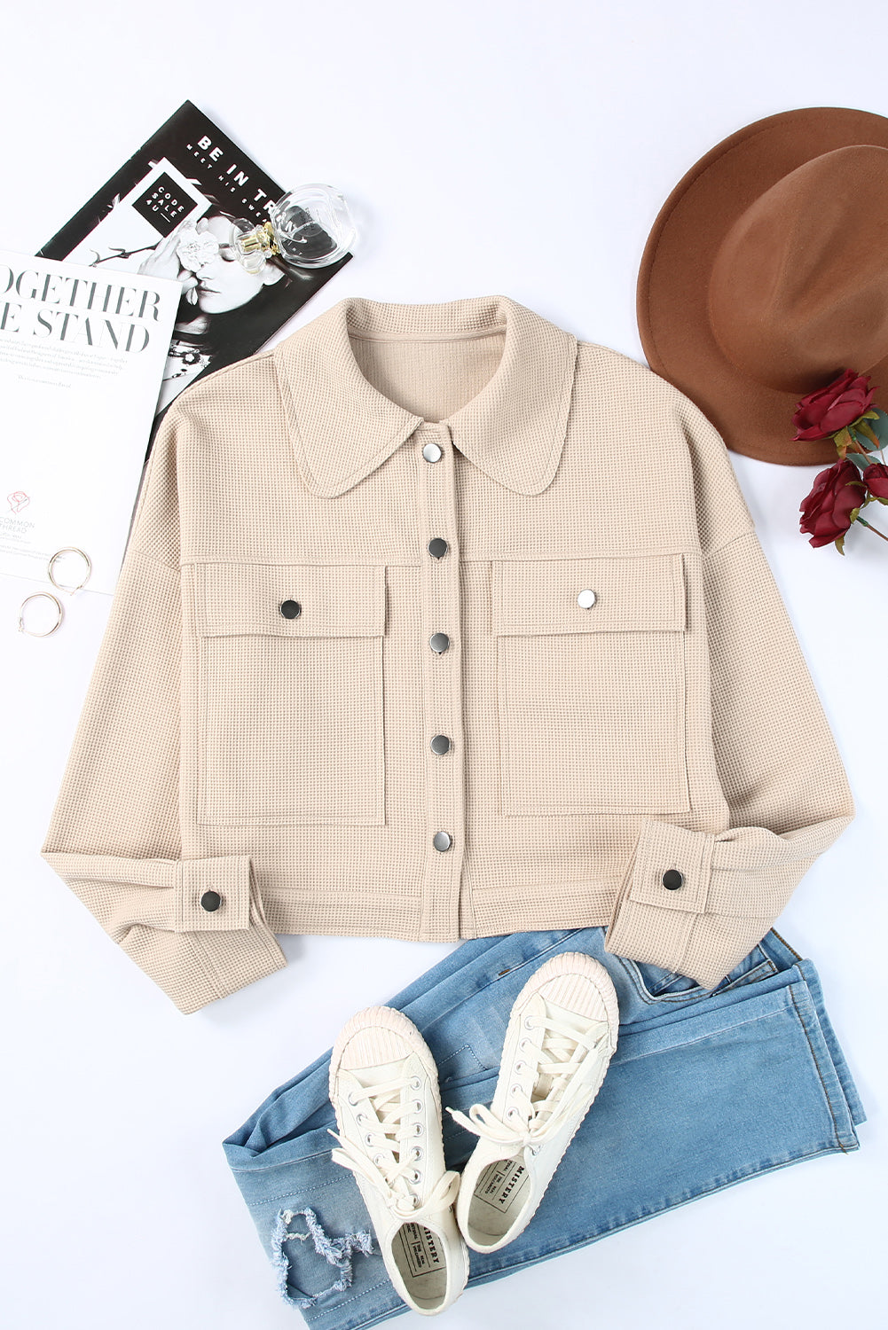 Waffle Knit Buttons Cropped Jacket With Pockets | Khaki