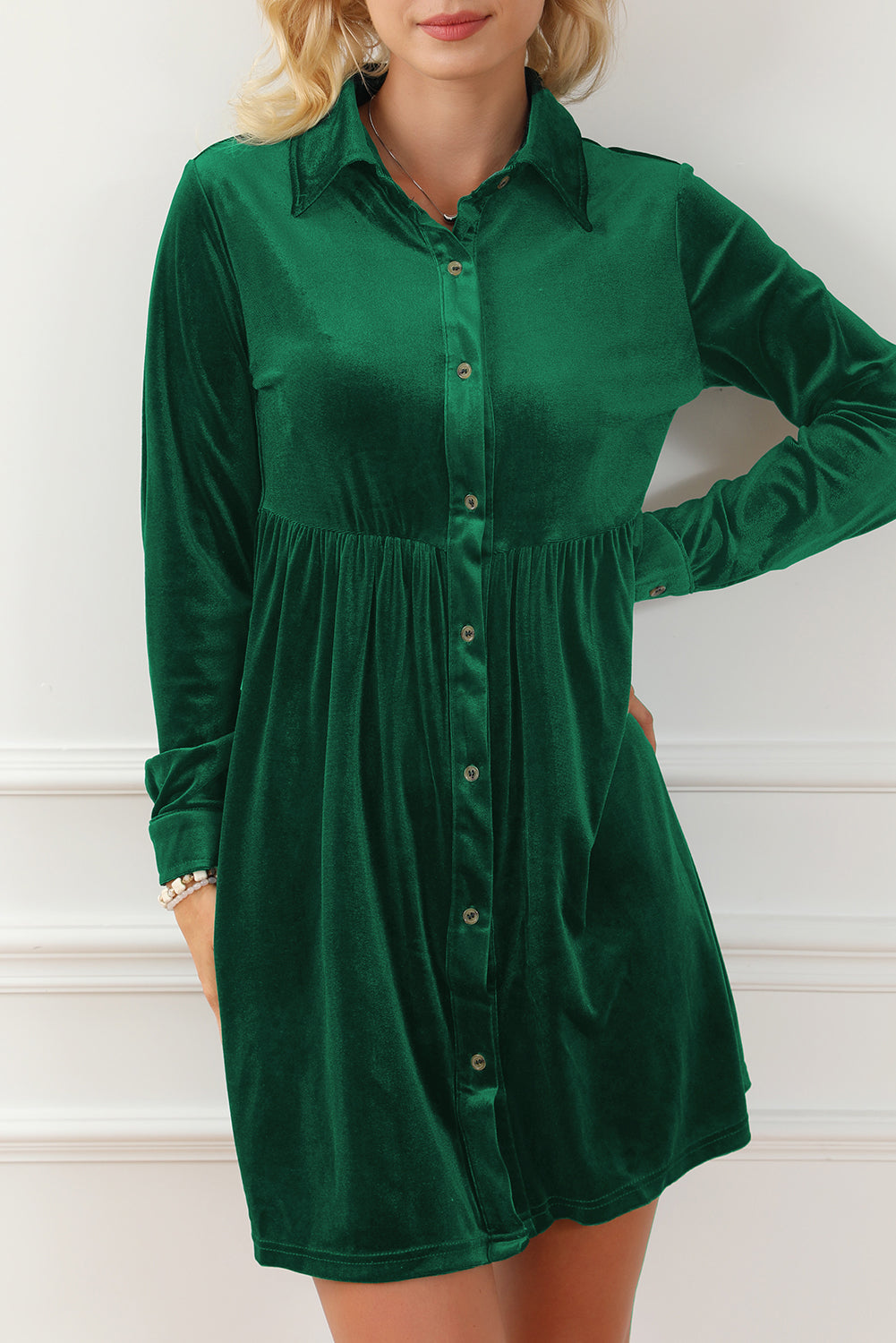 Long Sleeve Ruffle Velvet Button Up Dress | Green