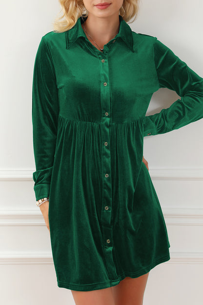 Long Sleeve Ruffle Velvet Button Up Dress | Green