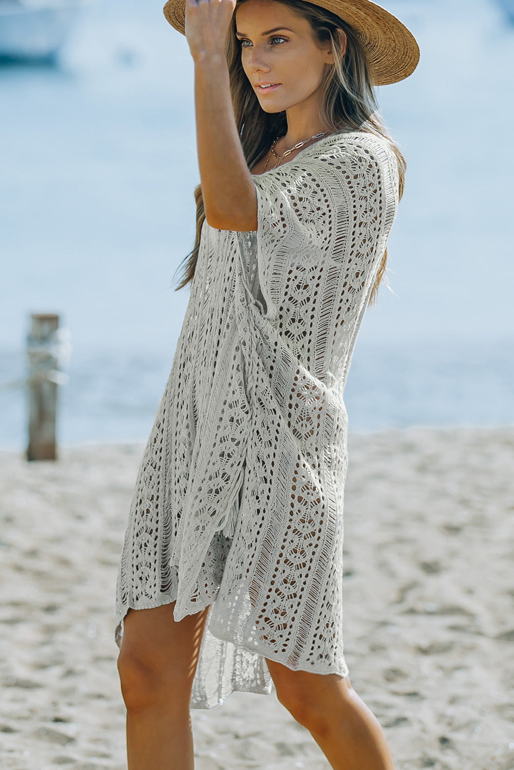 Crochet Knitted Tassel Tie High Low Beachwear | Gray