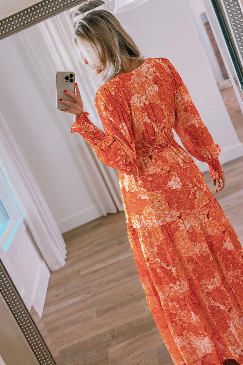 Boho Floral Bishop Sleeve V Neck Tiered Maxi Dress | Orange