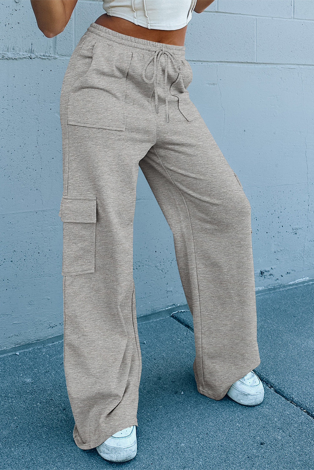 Multi Pockets Lace-Up High Waist Wide Leg Workout Pants | Light Grey