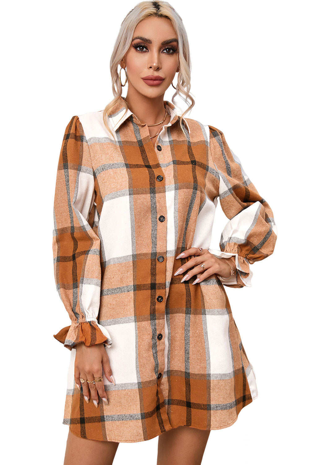 Plaid Pattern Collared Neck Ruffled Sleeve Shirt Dress | Khaki