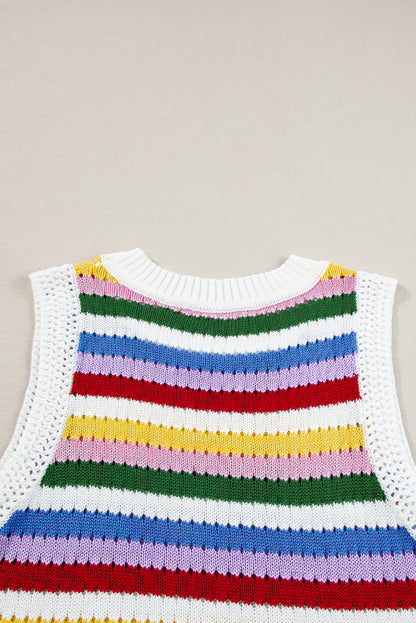 Striped Knitted Eyelet Slim Sweater Vest | Multicolour