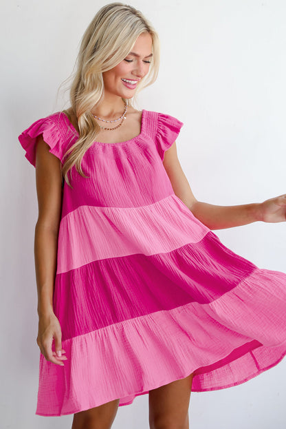 Crinkled Colourblock Patchwork Flutter Tiered Mini Dress | Pink