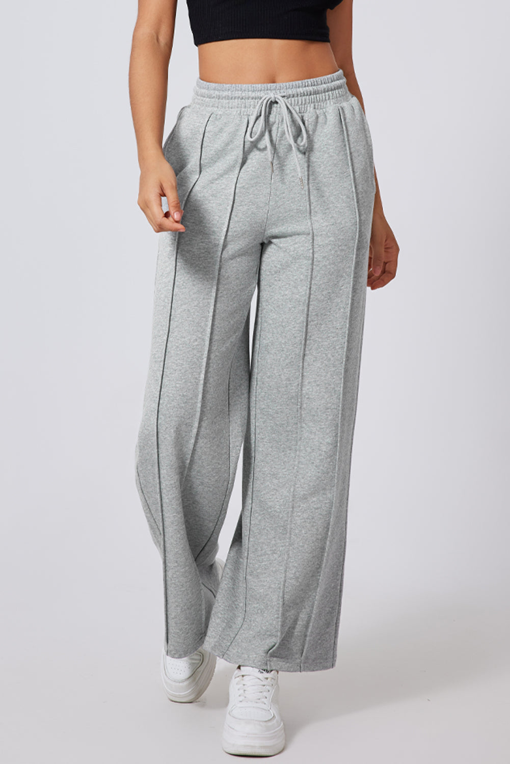 Seamed Drawstring High Waist Wide Leg Sweatpants | Gray