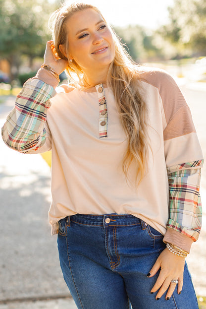 Plus Size Plaid Patchwork Layered Henley Top | Parchment