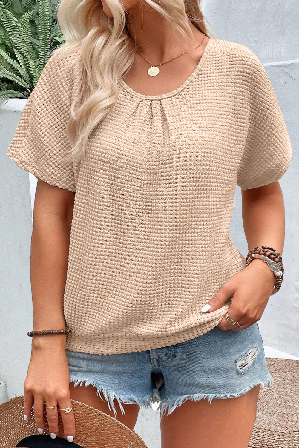 Guipure Lace Insert Textured Plus Size Tee | Beige