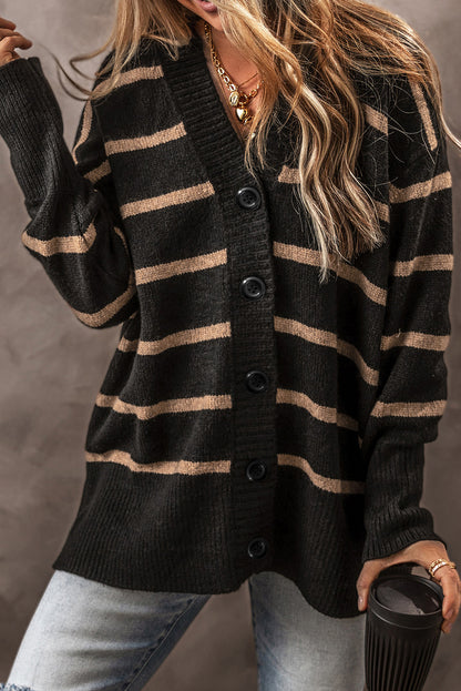 Buttoned V Neck Drop Shoulder Loose Cardigan | Black Stripe