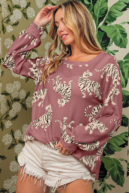 Lively Tiger Print Casual Sweatshirt | Rose Red