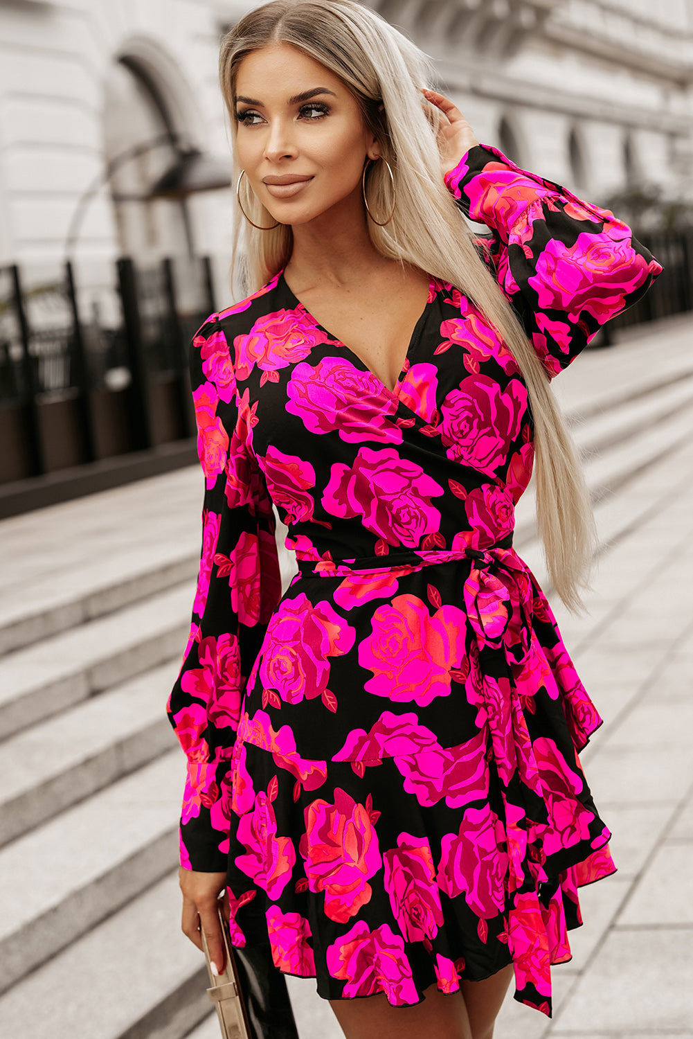 Floral Print V Neck Wrap Bishop Sleeve Ruffle Tiered Mini Dress | Rose