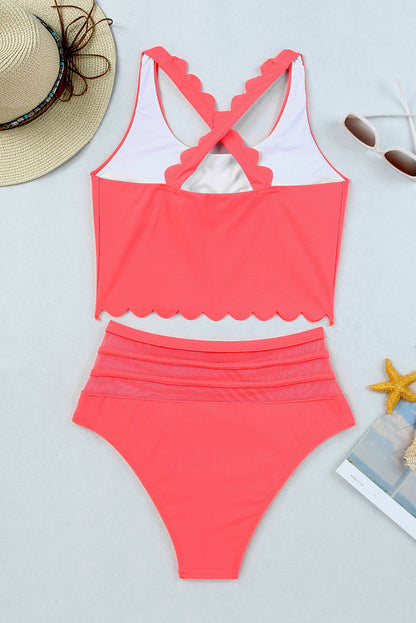 Scalloped Criss Cross High Waist Bikini | Pink