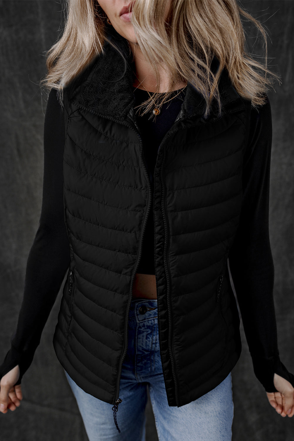 Plush Collared Quilted Zipped Puffer Vest | Black