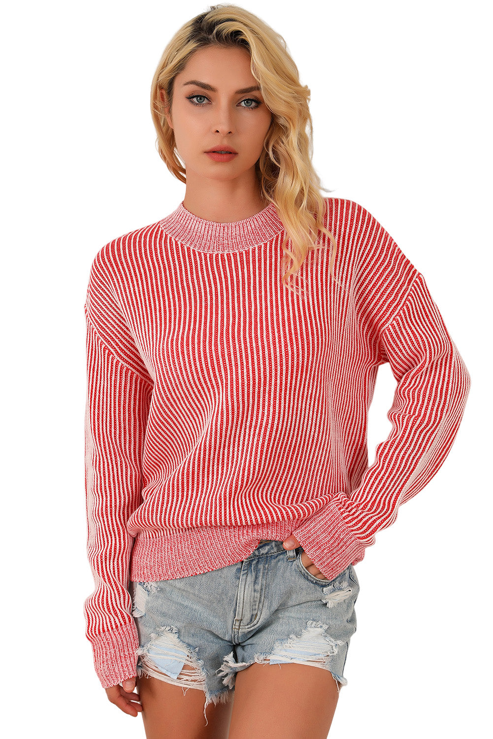 Striped Print Ribbed Trim Round Neck Sweater | Red