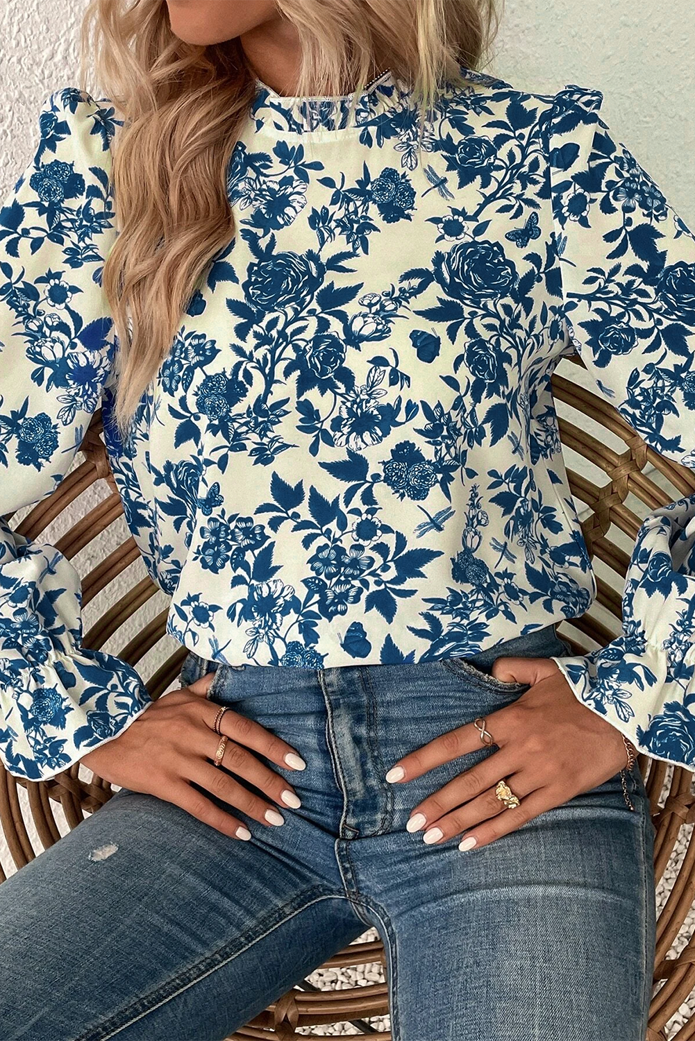 Floral Print Flounce Sleeve Keyhole Back Blouse | Sky Blue