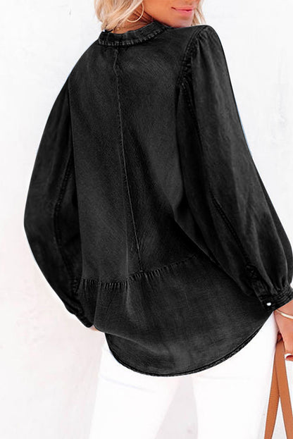 Split V-Neck Balloon Sleeve Ruched Denim Top | Black