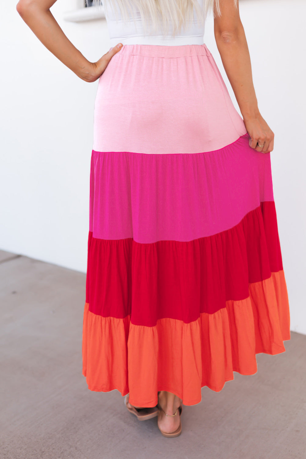 Colour Block Tiered Drawstring High Waist Maxi Skirt | Pink