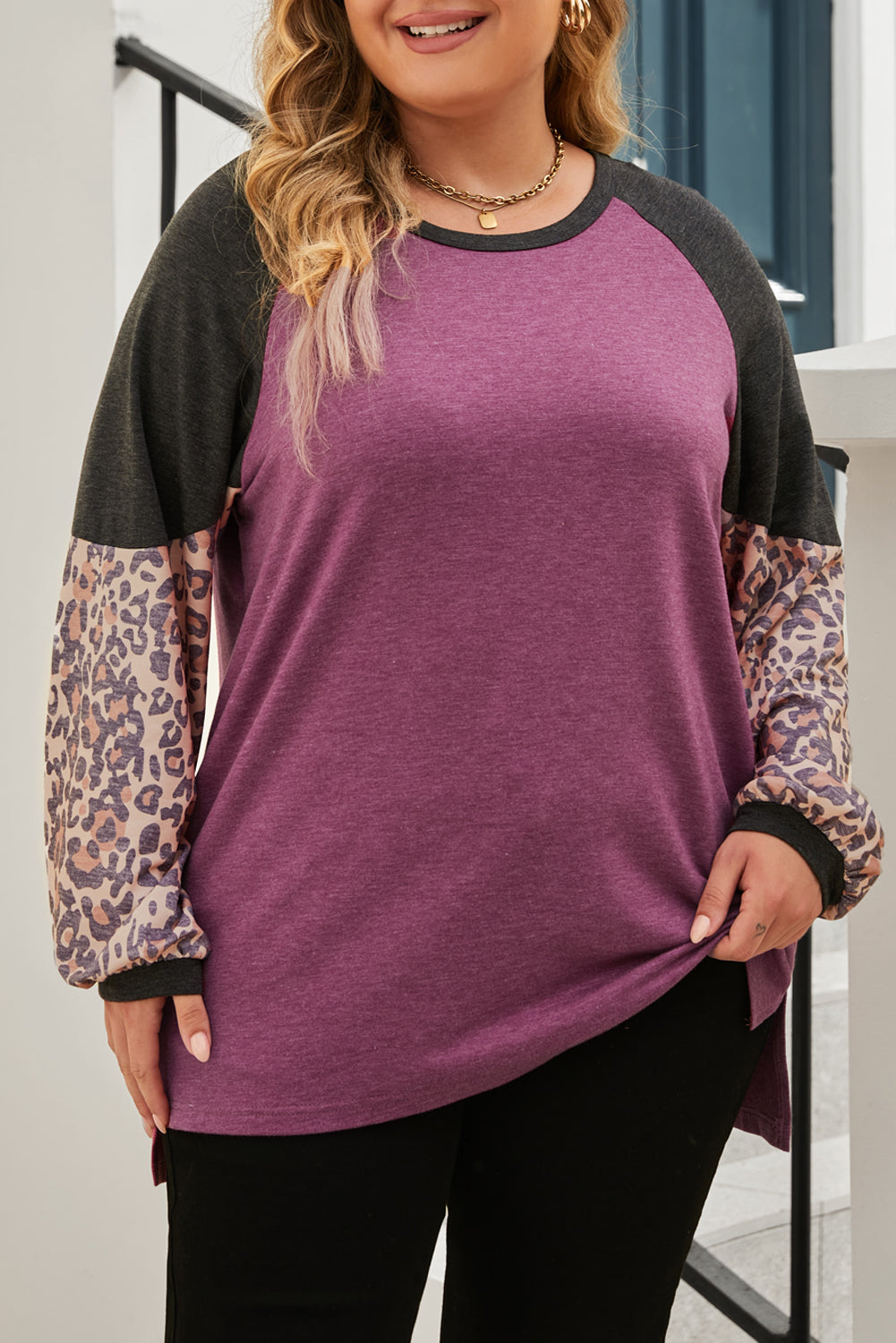 Leopard Colourblock Long Sleeve Plus Size Top | Multicolour