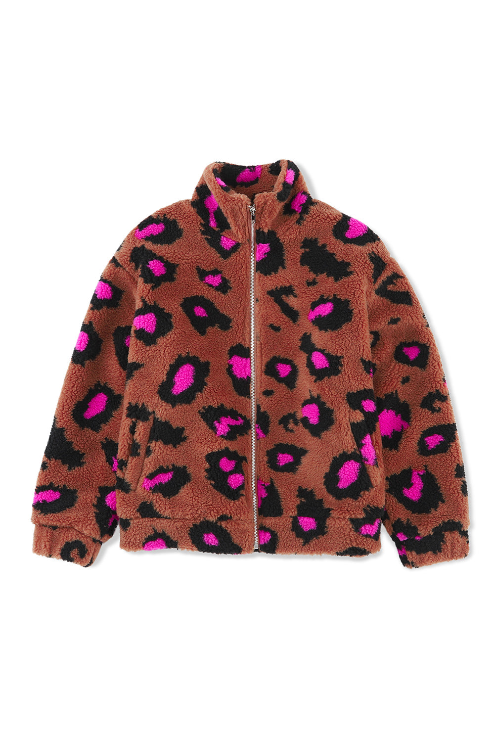 Zip Up Stand Collar Sherpa Teddy Jacket | Leopard