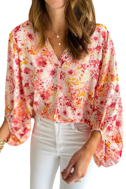 Ditsy Floral Bubble Sleeve V Neck Blouse | Pink