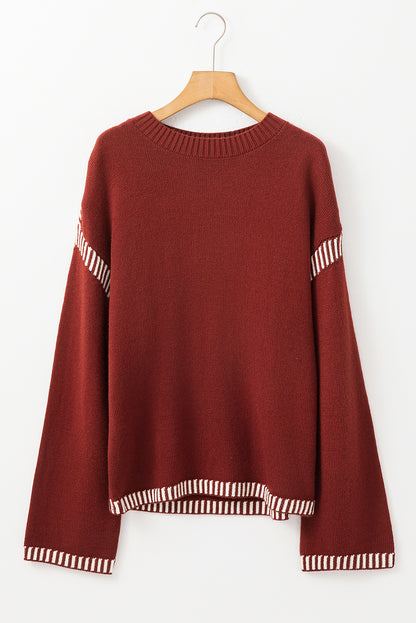 Colour Contrast Trim Drop Shoulder Crew Neck Sweater | Red Dahlia