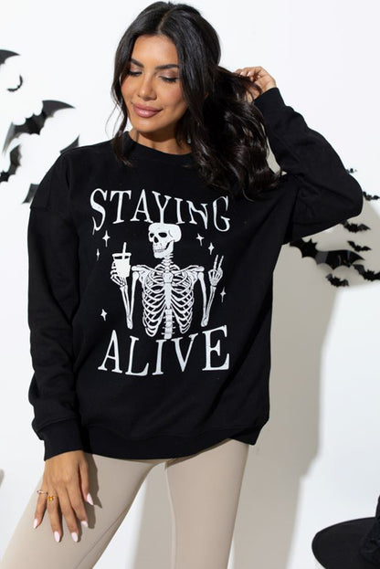 Staying Alive Skull Graphic Crewneck Halloween Sweatshirt | Black