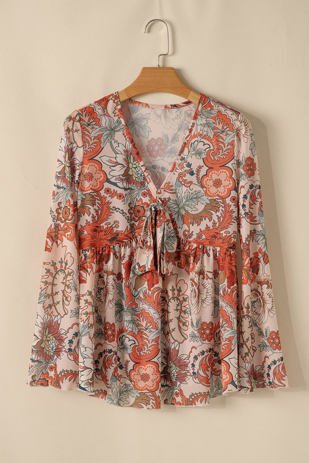 Floral Print Deep V Neck Knot Bell Sleeve Blouse | Orange