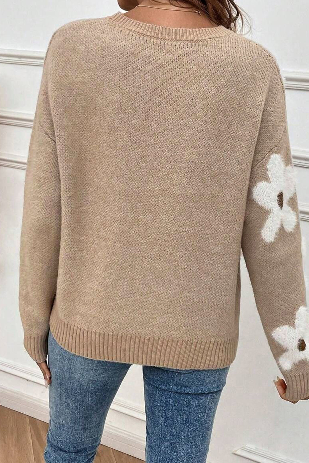 Flower Pattern Ribbed Trim Crew Neck Sweater | Parchment