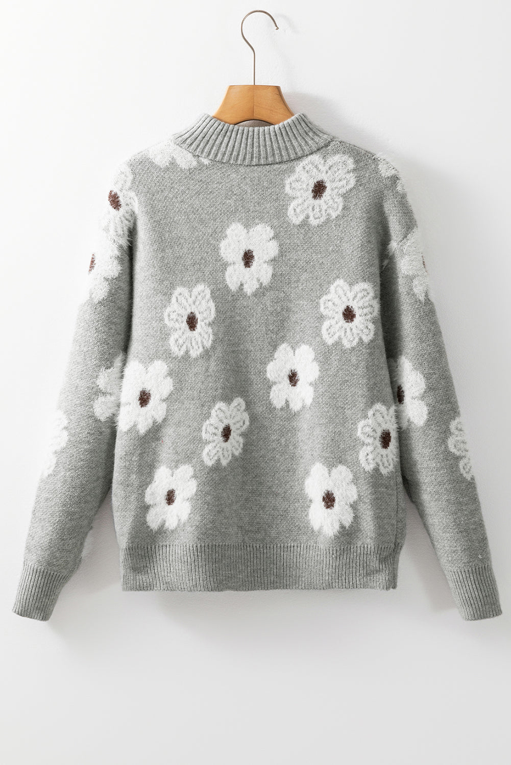 Floral Pattern Half Zip Drop Shoulder Sweater | Gray